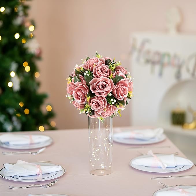 BLOSMON Dusty Pink Flowers Decoration: 6 Pcs Artificial Roses Flowers Balls for Wedding Dinning Table Centerpieces - Fake Silk Kissing Floral Arrangement for Home Party Event | Fake Wedding Dinning Table Centerpieces - Faux Silk Kissing Bouquet Floral ...