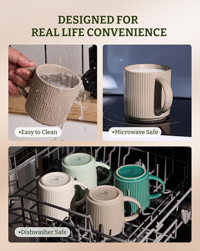 famiware Coffee Mug Set for 4, Star 12 oz Catering Mugs Cup Set with Handle for Coffee, Tea, Cocoa, Milk- Ceramic Stoneware Drinkware Set, Cinnamon Brown
