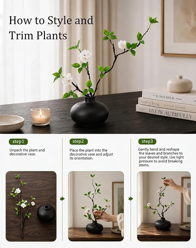 Fake Greenery Stem with Vase - 20'' Plants Artificial Decor for Table Small Artificial Potted Plants for Vase Fake Silk Plants Home Office Bathroom Shelf Cabinet Tabletop Decoration, Black