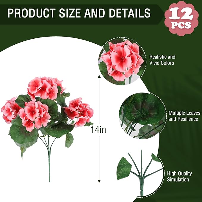 Hananona Artificial Geranium Flowers for Outdoors Geranium Silk Flowers Outdoor UV Resistant Garden Plants Faux Flowers for Home Kitchen Table Centerpieces Decor (12, Peach)
