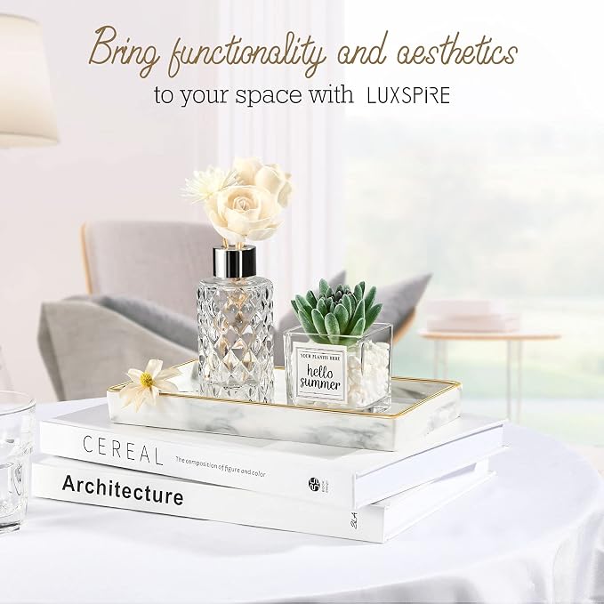 Luxspire Vanity Tray, Marble Ceramic Jewelry Dish Tray, Bathroom Tray with Golden Edged Home Décor, Countertop Organization Bathroom Holder Organizer for Candles, Perfume - Marble White