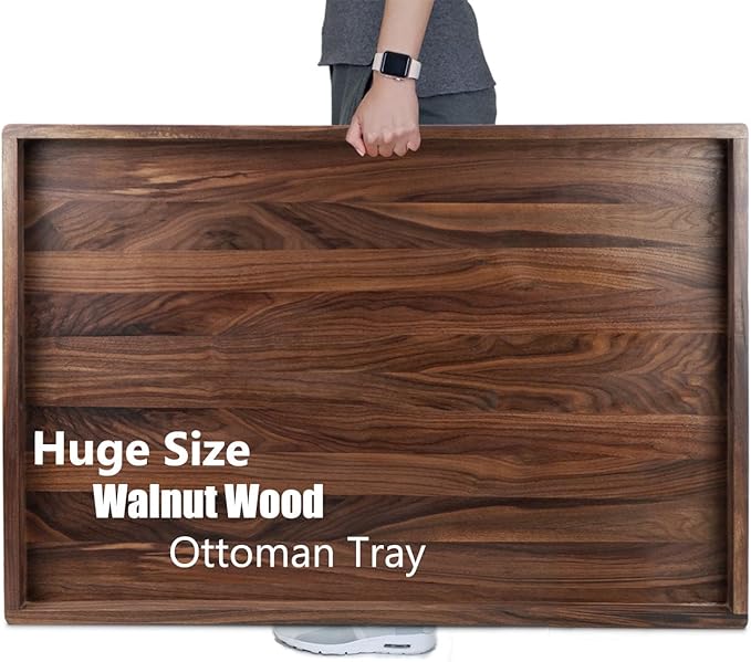 38 x 26 Inches Extra Large Rectangle Black Walnut Wood Ottoman Tray with Handles, Serve Tea, Coffee Classic Wooden Decorative Serving Tray