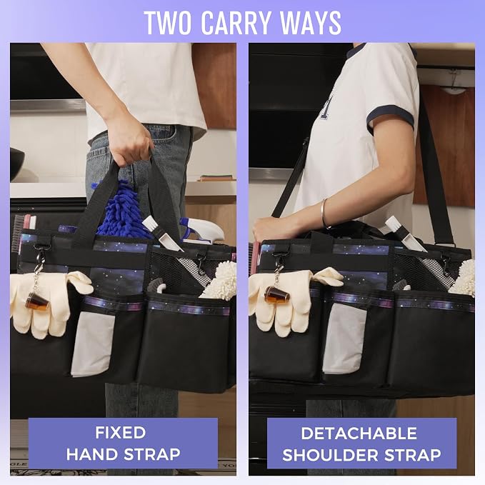 SCAVATA Wearable Cleaning Caddy, Cleaning Caddy Supplies Organizer with Handle & Shoulder Straps for Housekeepers, Under Sink & Car Cleaning Tool Organizers Bag with 4 Foldable Divider (StarrySky)