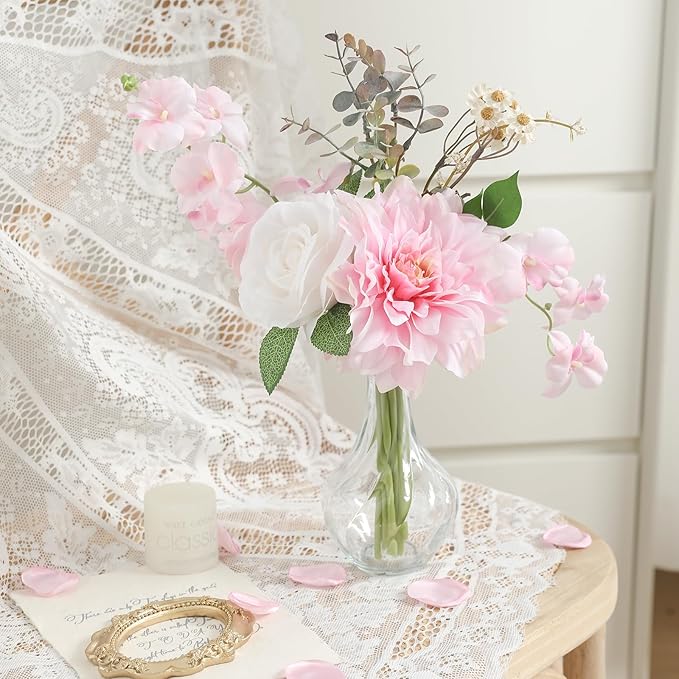 Faux Flowers with Vase,Small Artificial Silk Roses in Vase, Fake Plant Eucalyptus Flower Arrangement for Home Office Decoration, Living Room and Dining Table Centerpiece