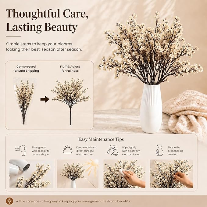Mandy's Champagne Artificial Baby’s Breath Flowers 6 Bundles Silk Gypsophila, 18.5 Inch European Style Modern Home Decor Centerpiece, Neutral Wedding Flower Arrangements