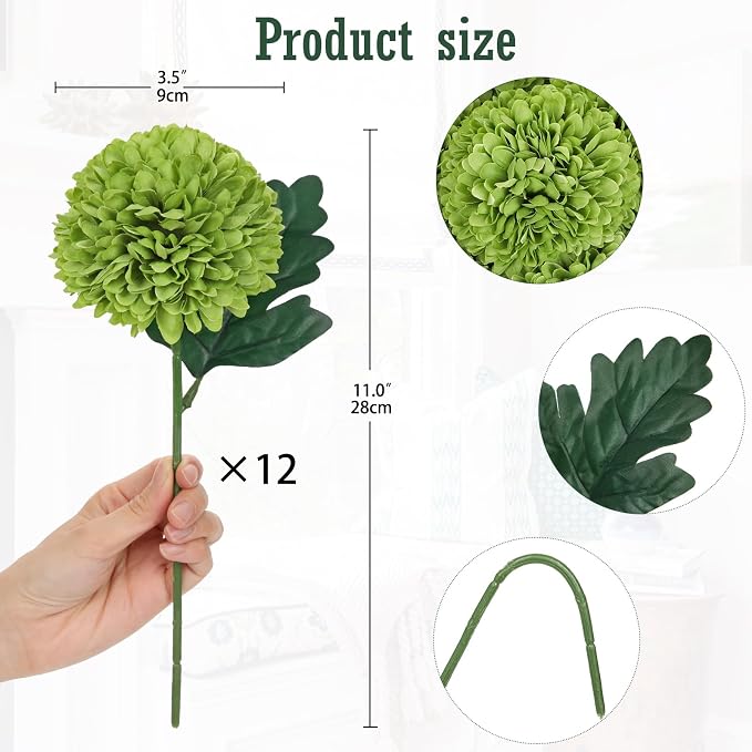 Briful 12 Pcs Artificial Green Chrysanthemum Stems – 11” Tall Silk Mums Flower Heads with Green Leaves, Flexible Stems for Fall Floral Pick Arrangements, Home, Wedding & Seasonal Decorations