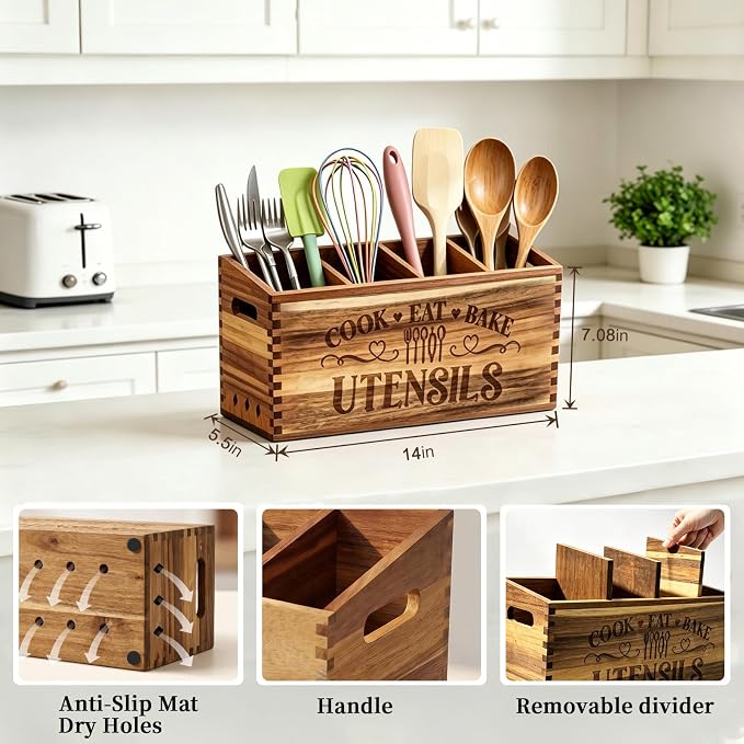 Large Acacia Wooden Utensil Holder for Kitchen Countertop | 4 Compartment Utensils Organizer Kitchen Counter Rustic Farmhouse Utensils Holder for Cooking Tools Storage Spatula Spoon
