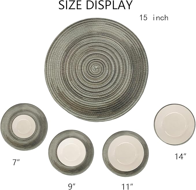 Youyi Round Braided Placemats Set of 6, 15 Inch Place Mats Washable Heat Stain Resistant Resistant Non-Slip Modern Farmhouse Table Mats for Kitchen Decor, Light Gray