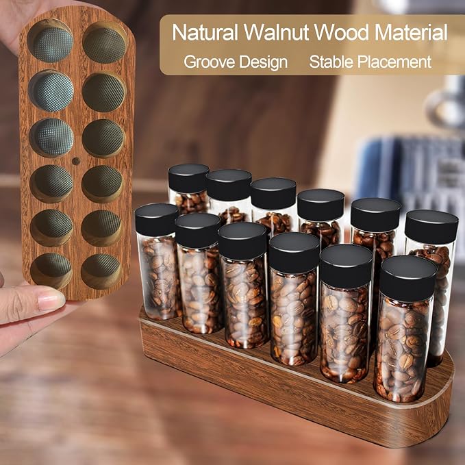 Single Dose Coffee Bean Storage Tubes - 12pcs Coffee Beans Container,Coffee Vials dosing container,glass espresso container with Wood Display Stand and Funnel (Type 1)
