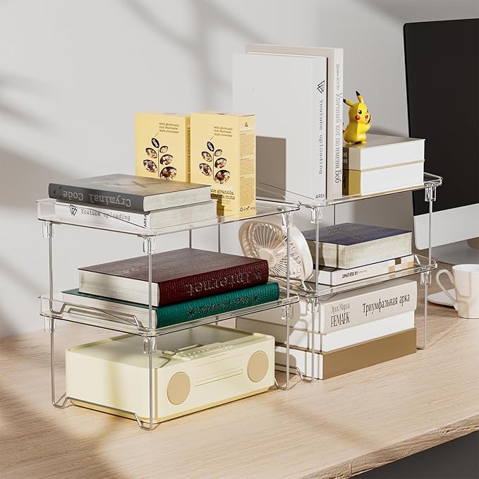 STARLATTA Acrylic Cabinet Organizer Shelf,4 Pcs Stackable Kitchen Counter Shelves,Spice Rack,Countertop Organizers,Clear Plastic Storage Organization for Makeup，Bathroom,Cupboard,Desk,Pantry