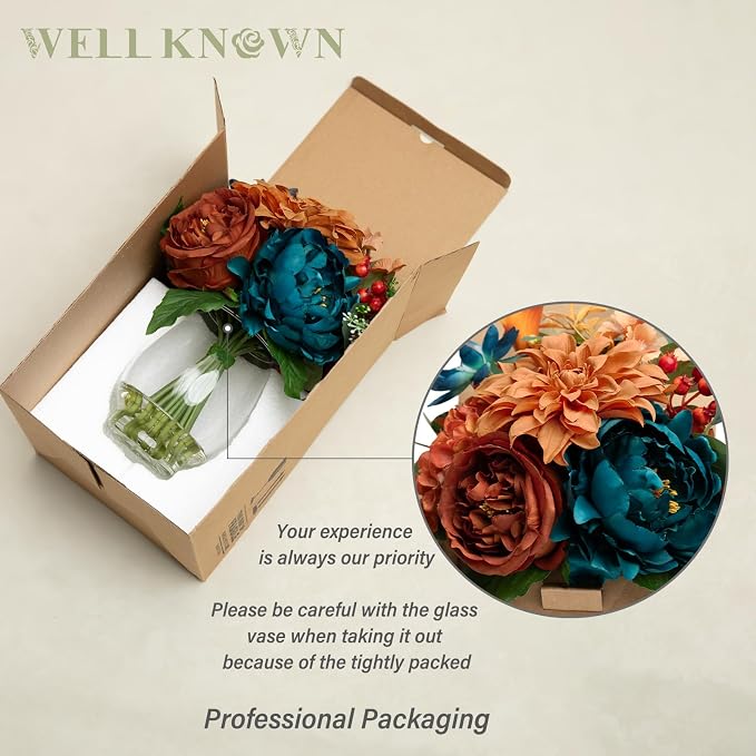 Artificial Flowers in Vase with Fake Water, Faux Silk Peony Dahlia Bouquet, Teal Burnt Orange Flowers Arrangement for Dining Table Centerpiece Wedding Party Spring Home Decor & Birthday Gift