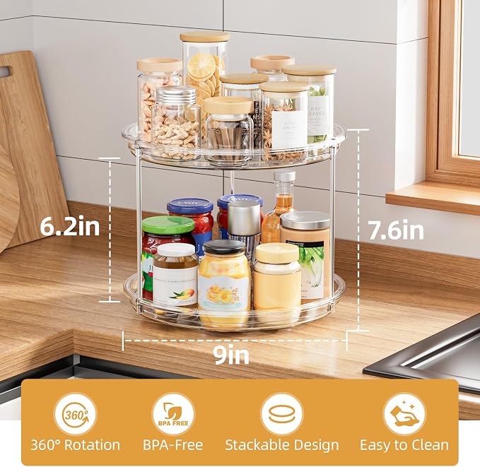 LAMU 2 Tier Lazy Susan Turntable Organizer for Cabinet, 9'' Rotating Spice Rack for Kitchen, Pantry, Countertop, Bathroom, Vanity, Under Sink, Medicine Cabinet Organizer, 2 Pack