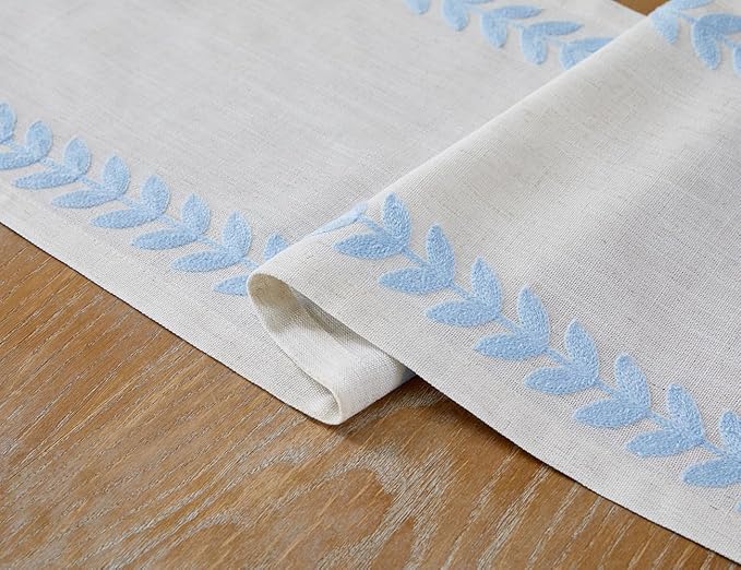 Wracra Embroidered Table Runner Irregular Willow Leaf Table Runners 72 Inches Long for Dresser Home Dining Table Decor,14 x 72 Inch, Blue