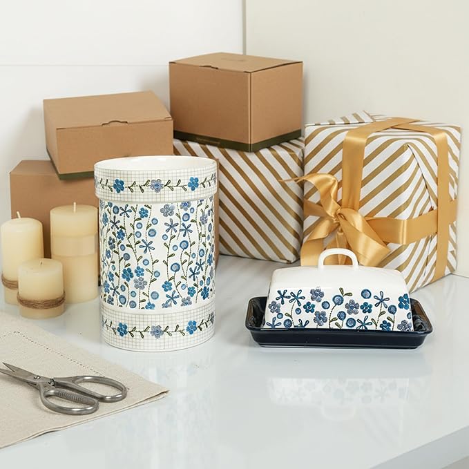 Ceramic Utensil Holder for Counter,Utensil Crock with Blue Floral Pattern for Countertop,Kitchen Organizer for Spoons,Whisks,Spatulas,Farmhouse Kitchen Decorative Accessories