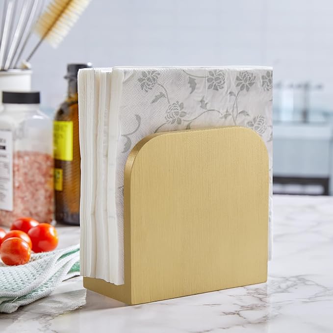 ALELION Wooden Napkin Holder for Table, Upright Napkin Holders for Kitchen, Standing Napkin Dispenser for Kitchen Dining Room Party Cocktail Outdoor Use, Gold