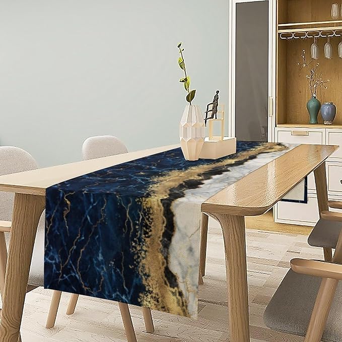 Marble Table Runner, Abstract Navy Blue and Gold Modern Luxury Texture Printed Linen Table Runners for Living Room Farm Kitchen Dining Room Party Holiday Home Decor 13" W x 36" L
