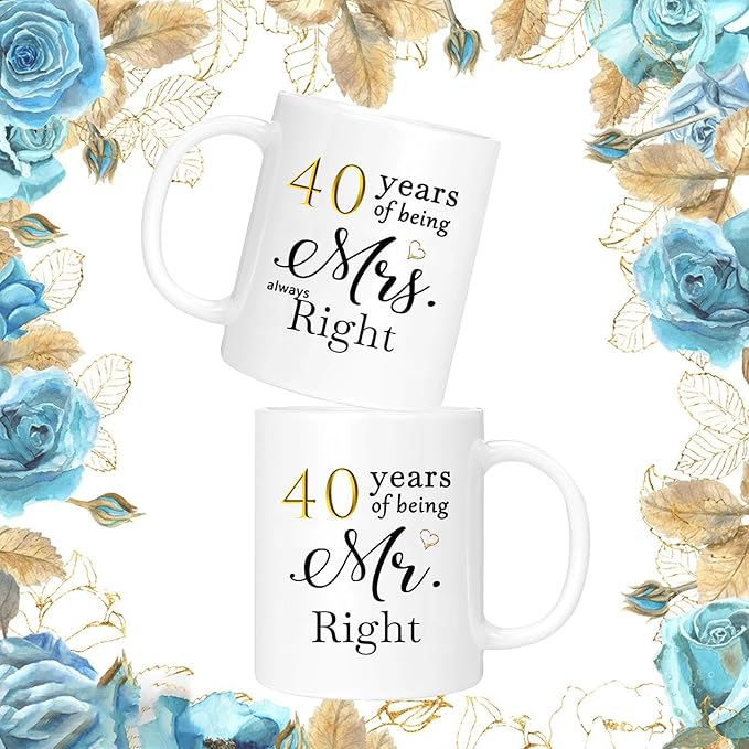40 Year Anniversary Coffee Mugs Set of 2, 40th Anniversary Wedding Gifts Decorations for Couple Parents Grandparents Men Women Husband Wife Him Her, Gift Box Packaging, 11oz