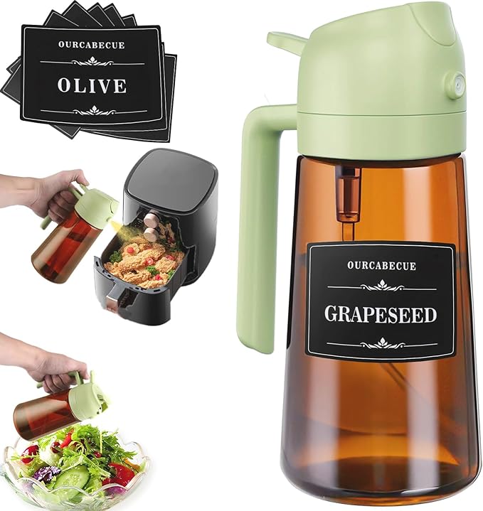 OURCABECUE 2 in 1 Olive Oil Sprayer for Cooking, 16oz Olive Oil Dispenser Bottle for Kitchen, Light-Blocking Dark Glass Oil Bottle, Food-Grade Oil Mister with 8 Oil Stickers (Brown Bottle-Green Cap)