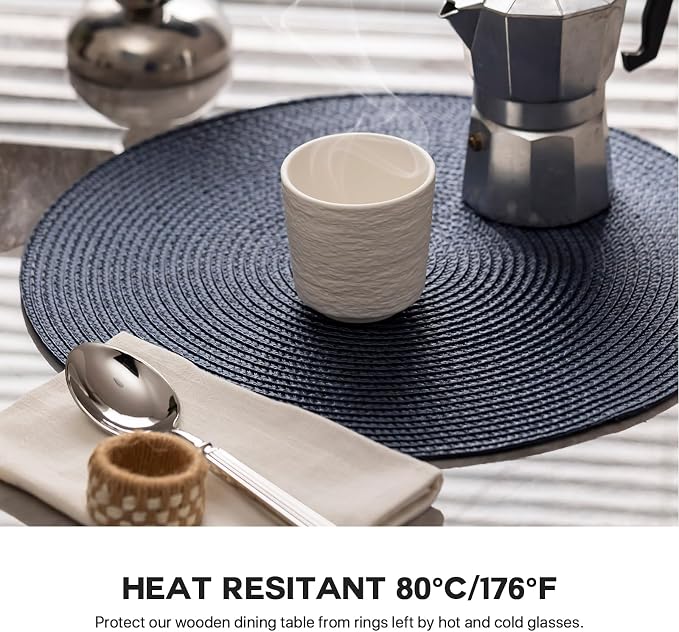 Baroyal Round Placemats Set of 12 Plastic Woven Placemats Washable Wipeable Table Mats for Dining Table Heat Resistant Non-Slip Circle Place Mats (Navy Blue)