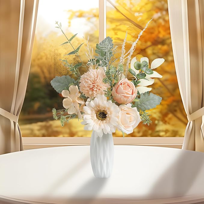 Small 11.8" Artificial Flowers in Ceramic Vase - Champagne Silk Flower Centerpiece for Dining Table, Office, Wedding & Farmhouse, Home Decor Gifts