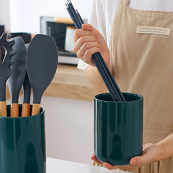 Ceramic Utensil Holder, Black Kitchen Utensil Holder for Countertop Large Utensil Crock Modern Cooking Utentsils Holder Kitchen Spatula Holder Farmhouse Kitchen Decor for Counter Organizer(Black/L)
