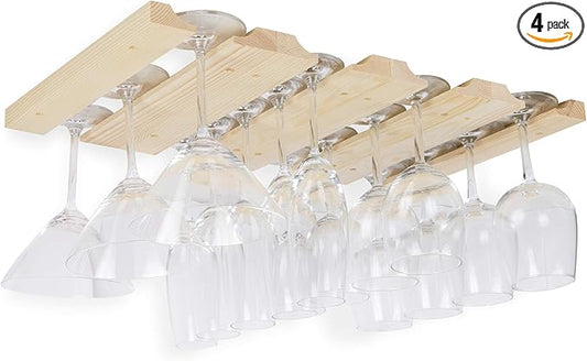 Rustic State Vigo Wine Glass Rack Under Cabinet - Wine Glass Holder Under Cabinet Wooden Stemware Holders - 4 Adjustable Rows - Up to 12 Wine Glass Capacity - 12 Inch Depth - Natural