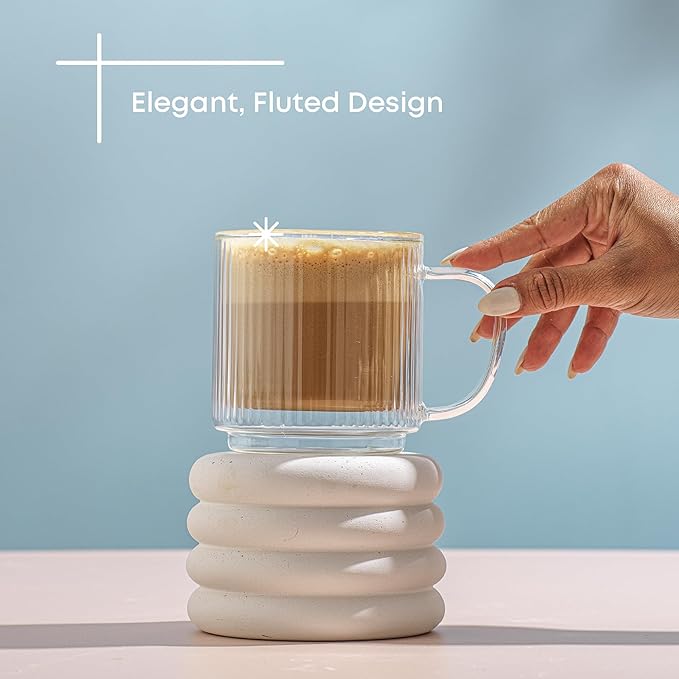 JoyJolt Haven Stackable Fluted Glass Mugs, Set of 2 Ribbed Double Wall Insulated Coffee Cups, 13.5oz Clear Mugs