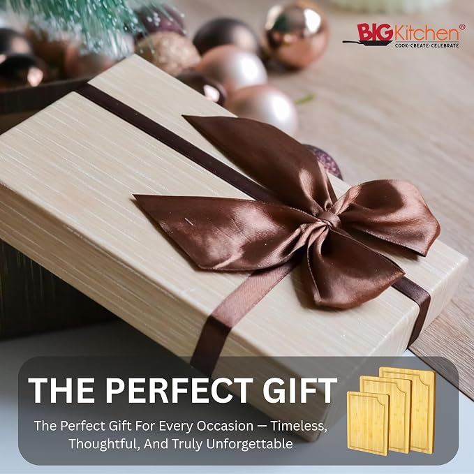 Big Kitchen 3-Piece Bamboo Cutting Board for Kitchen Butcher Block for Chopping Meat, Veggies & Cheese Durable Non-Plastic Wooden Chopping Board with Juice Groove & Easy Grip Handles