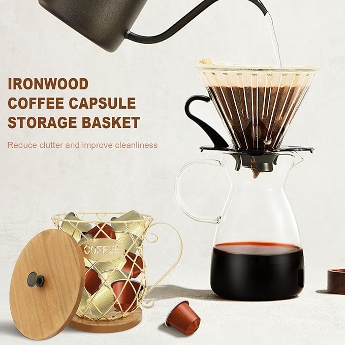 Gold Coffee Pod Storage Organizer with Lid and Handle - Large Capacity Coffee Capsules Holder for Home Office Countertop Decor