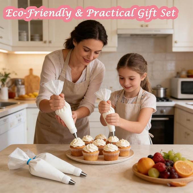 Reusable Piping Bags and Tips Set – 23Pcs Pastry Bag Kit: 4 Cotton Icing Bags (2x14in, 2x16in), 6 Stainless Steel Tips, Couplers, Brush – Cake Decorating Supplies for Beginners, Cupcakes, Cookies
