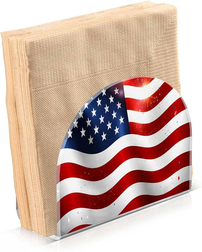 Independence Day Bright American Flag Napkin Holder for Tables Paper Cocktail Napkin Holders for Kitchen and Dinning, Acrylic Dinner Napkin Dispenser for Restaurant Home Decor Bar Accessories 2 Pack