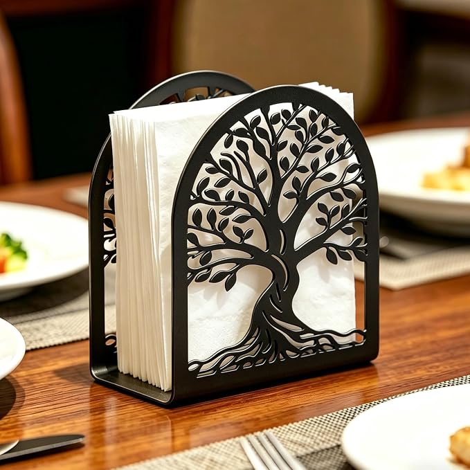 Napkin Holder for Table, Tree of Life Decorative Metal Napkin Dispenser for Kitchen Dining, Countertop, Coffee Bar Tabletop Decor, Restaurant and Outdoor Use, Black