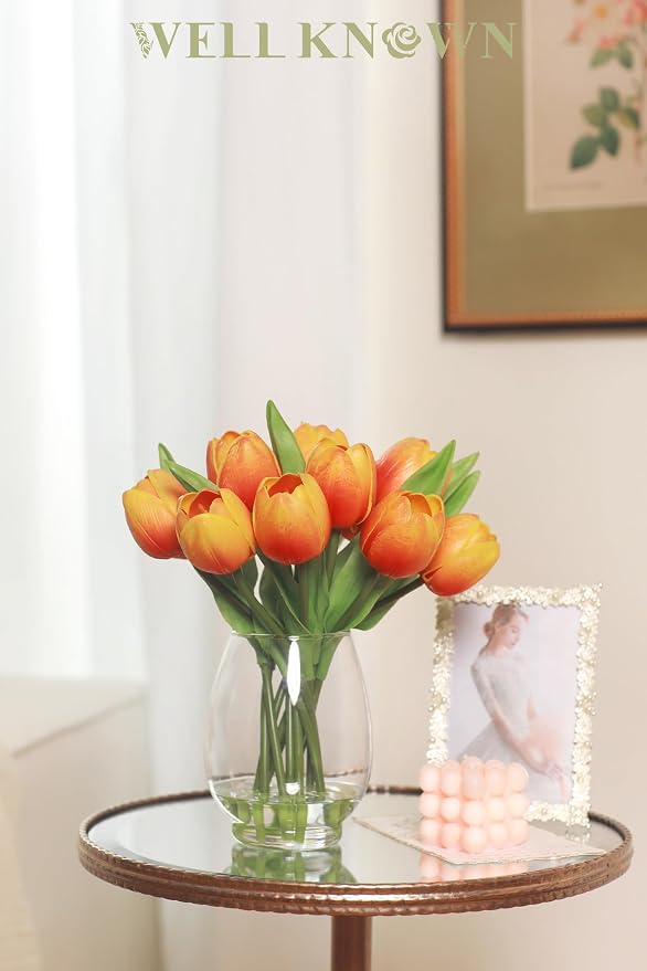 WELL KNOWN 12 Pcs Tulips Artificial Flowers in Vase, Real Touch Tulips with Vase with Upgrate Acrylic Water Flower Arrangements Centerpiece for Dining Room Table Decoration（Orange）