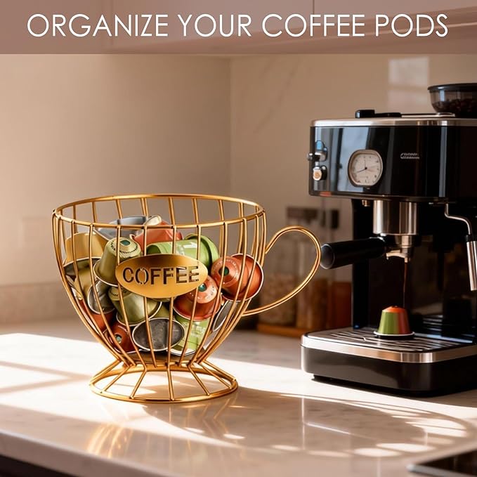 2-Pack Capsule Holder, Large Coffee & Tea Storage Organizer, Metal Basket for Countertop, Multi-Purpose Organizer for Home, Office, Cafe (Glod)