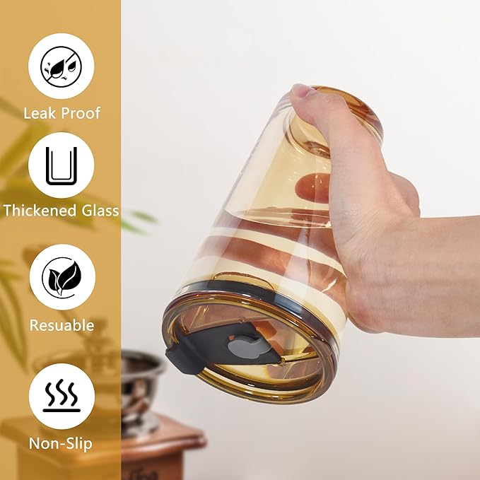 15oz Iced Coffee Glass Cup Set of 2 with Lid Straw Thick Leak Proof Drinking Glasses Tumbler for Gift Cold Drink Smoothie Boba Tea(Amber & Clear)