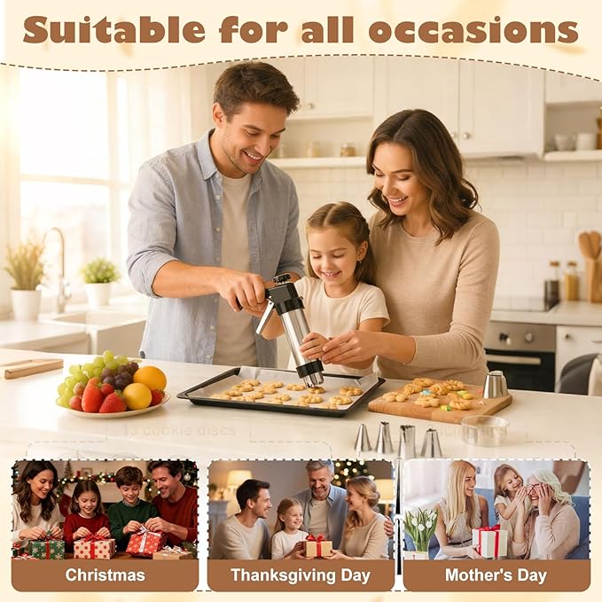 Cookie Press Gun Kit, Stainless Steel Spritz Cookie Press with 13 Discs & 8 Icing Piping Tips, Baking Cookie Maker, Icing Decorating Gun for Cookies Cakes Pastry Dessert Baking Decoration