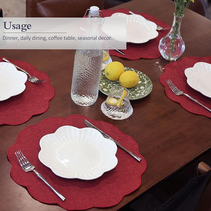 AHHFSMEI Round Faux Linen Placemats Set of 6 Heat Resistant Non-Slip Stain Proof Table Mats for Kitchen Dining Elegant Decor Place Mats (Burgendy red,6)