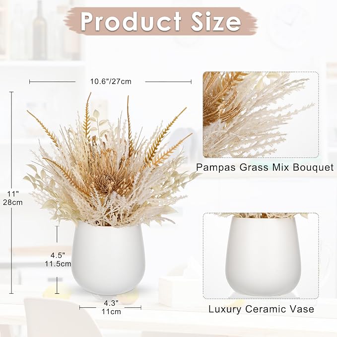 Hollyone Faux Pampas Grass with Vase, Artificial Pampas Grass Flowers Bouquet Plant Fluffy Boho Home Decor Fake Pompass Pompous Grass Floral Arrangement for Wedding Party Table Room Decorations White