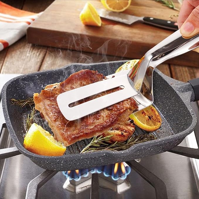 2 Pcs Kitchen Cooking Tongs 10 inch Stainless Steel Flipping Spatula Steak Clamps for Cooking Grilling Frying Bread Hamburger Pies Pizza Pancakes