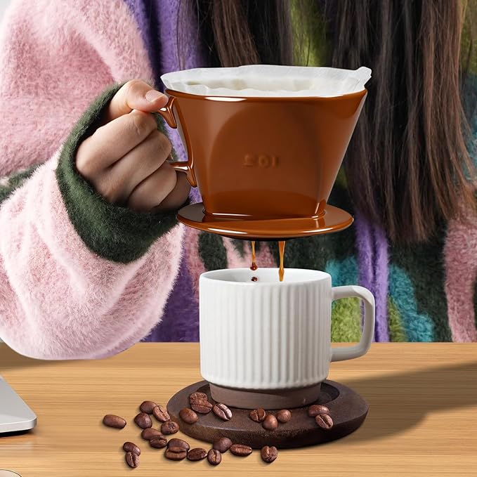 hailanbao Handmade Pour Over Ceramic Coffee Dripper - Authentic Brewing Experience for Camping, Office, and Home (Coffee Brown)