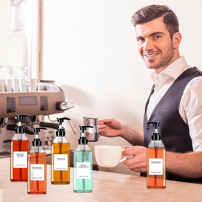 Nuogo 6 Pcs Coffee Syrup Dispenser Bottles Set 750ml, 500ml, 300ml, 150ml PET Black Syrup Bottles with Pump Dispenser 27 Labels for Coffee Bar Kitchen Accessories Portable Travel(25.4 oz,Prismatic)