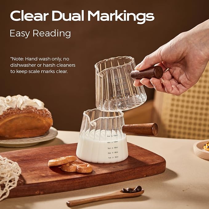 YARRAMATE 6 oz/180ML Glass Measuring Cup with Wooden Handle – Espresso Shot Cups, Ribbed Milk Frothing Pitcher, Dual Scale Markings, V-Shaped Mouth for Easy Pouring
