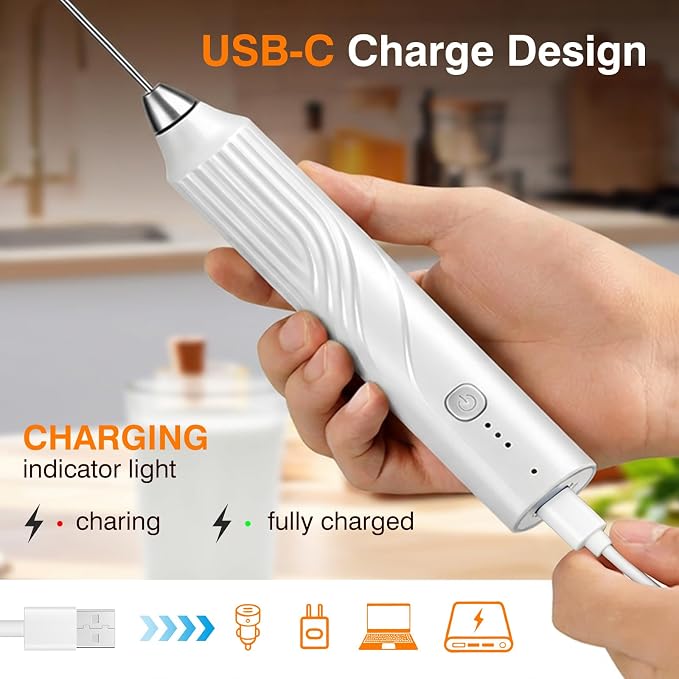 Milk Frother Handheld, Rechargeable Coffee Frother Wand with 3 Speeds, Electric Foam Maker Drink Mixer for Lattes Cappuccino Matcha Eggs, Hand Mixer for Hot/Cold Milk,White
