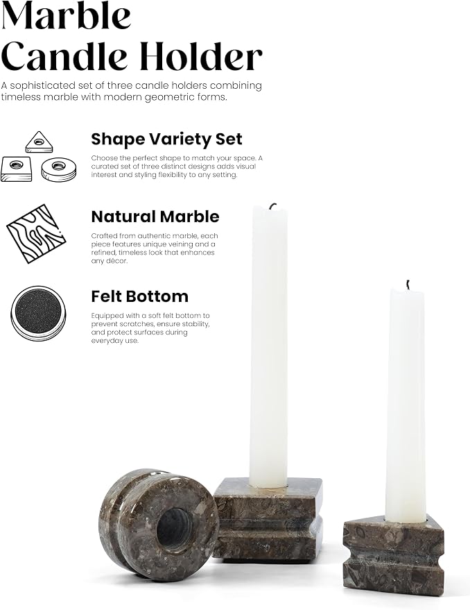 Marble Candle Holder Set of 3, Handmade Oceanic Stone Candlestick Holders, Minimalist Taper Candle Stand, Decorative Table Decor for Living Room & Dining, Centerpiece, Housewarming & Wedding Gift