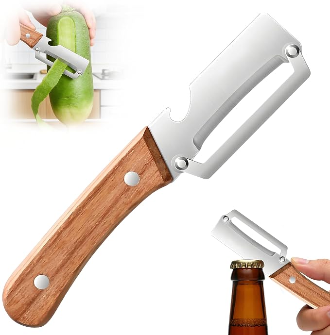 Multi-Functional Vegetable Peeler for Kitchen, Stainless Steel Sharp Blades Carrot Potato Peeler with Wooden Handle and Bottle Opener Kitchen Tool for Fruit Veggie Pumpkin Papaya Zucchini (1 Pcs)