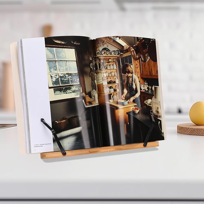 MEGREZ Bamboo Book Stand 11 x 8.0 inch, Foldable Cookbook Holder with 6 Adjustable Height, Reading Book Holder for Recipe, Music Book, Textbook, Tablet Stand, Rose