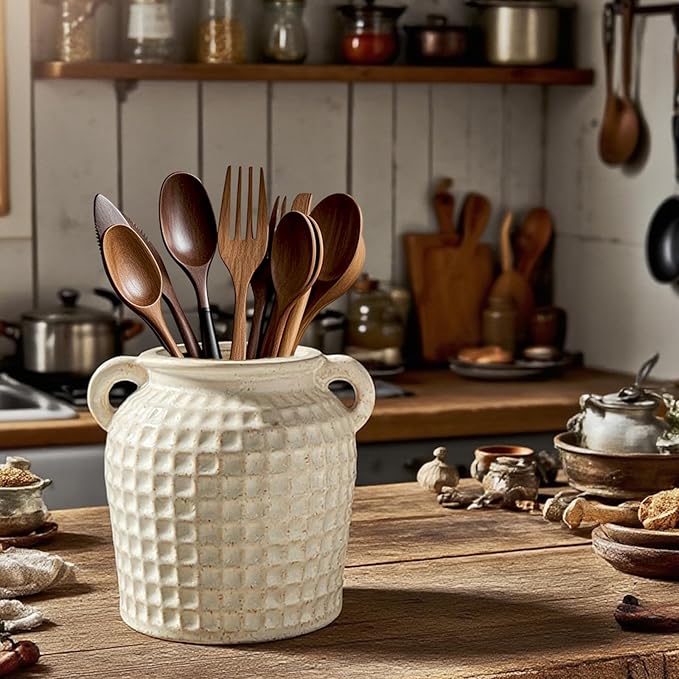 Rustic Kitchen Utensil Holder ,6.7" Modern Farmhouse Double Ear Ceramic Utensil Crock for Countertop, Vintage Kitchen Counter Decor Party Supplies Spoon Spatula Organizer (white)