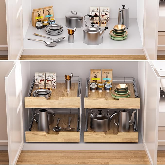 Sikarou Pull Out Cabinet Organizer,Heavy-Duty Slide Out Shelf, Wood and Wire Basket, Pull Out Drawer for for Kitchen Under Sink Space, Pantry, Bathroom, 2 Tie 26 * 21 in