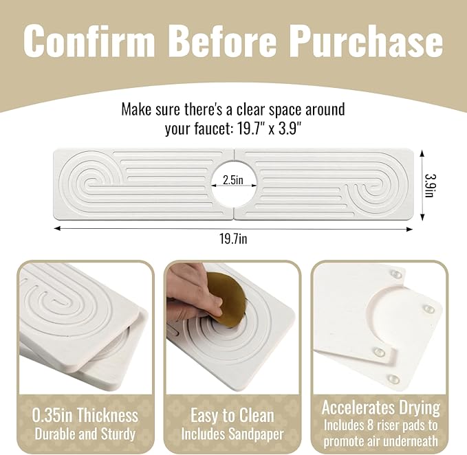 Hopegiver Stone Faucet Mat for Kitchen Sink - Fast Drying Diatomite Sink Protector Prevent Moisture, Super Water Absorbing Stone Tray for Kitchen & Bathroom Counter (White, 19.7"x3.9")