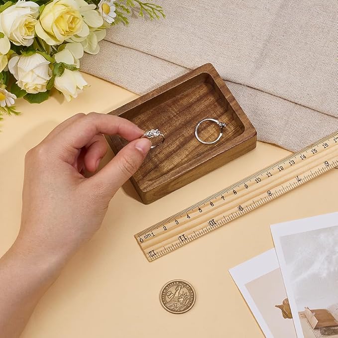 MAYJOYDIY Acacia Wood Rectangular Serving Tray, Rectangular Wood Serving Platter for Display Collectible Ring Jewelry Earring Necklace Trinkets Decorative Organizer 3.9" x 2.9"